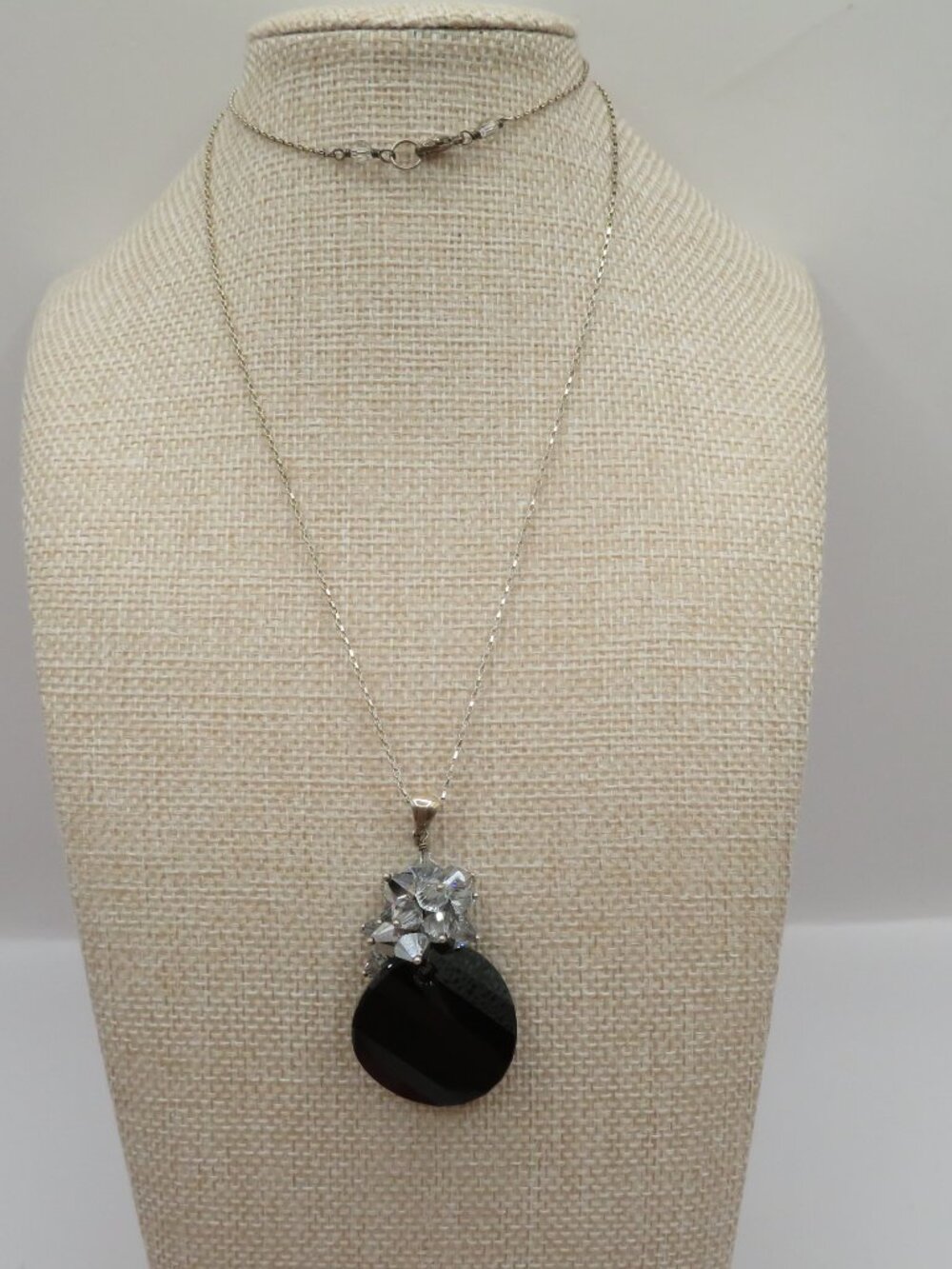 925 Sterling Silver Faceted Black Pendant with AB Accent Crystals Necklace